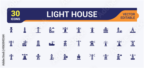 Lighthouse icons in filled style. Containing silhouette, island, nautical, sailing, signal, landmark, art and more. Pixel perfect. Vector illustration.