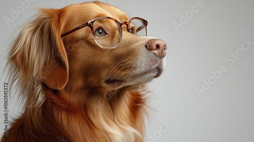 The golden retriever, adorned with glasses, gazes thoughtfully into the distance photo