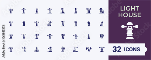 Lighthouse icons in filled style. Containing silhouette, island, nautical, sailing, signal, landmark, art and more. Pixel perfect. Vector illustration.