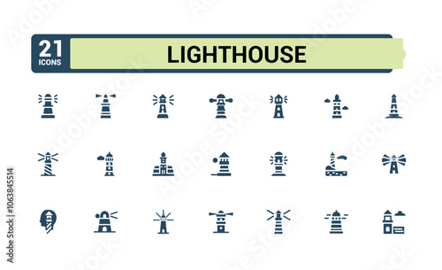 Lighthouse solid icon collections. Contains such icons as direction, marine, house, port, wave, sailor and more. Flat filled style icons. Editable vector illustration.