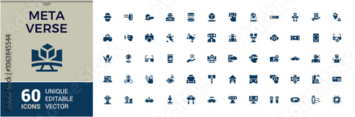 Set of Meta Verse solid icons. Contains related to entertainment, interactive, metaverse, cyber, lifestyle. Perfect for logos and infographics. Editable vector illustration.