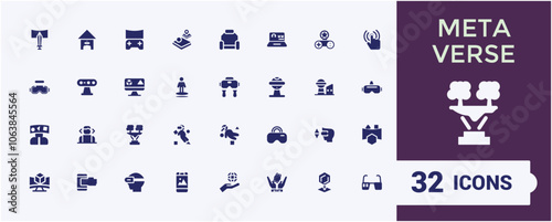 Meta Verse flat solid icon set. Contains related to cyber, digital, graphic, 3d, interface, lifestyle, reality, meta. Minimalistic web and UI icons.