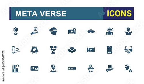 Meta Verse icons in solid style. Containing innovation, technology, futuristic, global, digital, network, reality and more. Filled icons pack. Editable vector illustration.