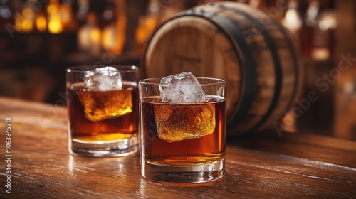 Two whiskey-filled glasses with ice rest on a warm wooden bar top