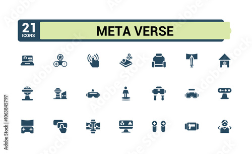 Meta Verse icons in solid style. Containing innovation, technology, futuristic, global, digital, network, reality and more. Filled icons pack. Editable vector illustration.