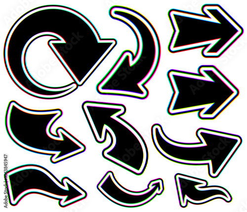Collection of wavy glitch-style arrows with vibrant distortion effects. Vector illustration ideal for creative and tech designs.