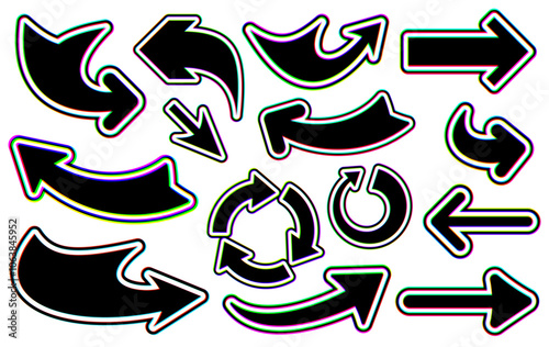 Set of various glitch-style arrows with vibrant distortion. Vector illustration perfect for tech and modern designs.
