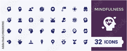 Mindfulness icons in filled style. Related to balance, body, relax, emotion, care, mental, mindfulness. Pixel perfect. Vector illustration.