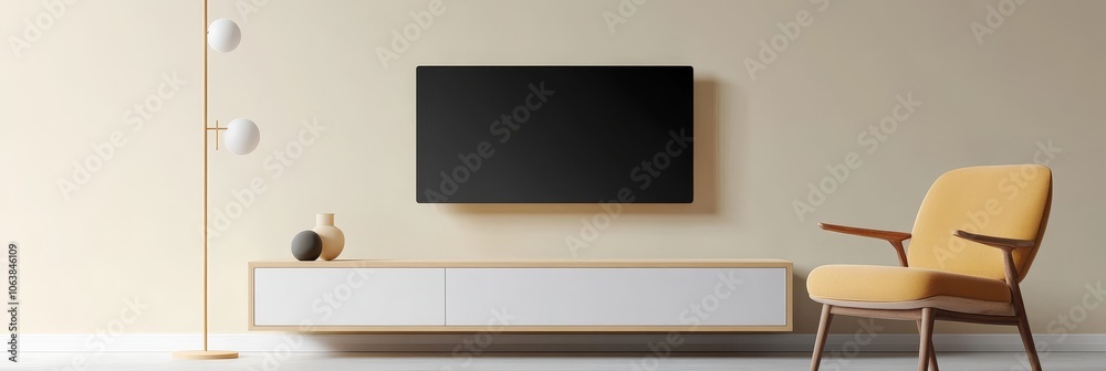 A modern living room with a minimalist design featuring a cream wall, a flat screen TV mounted above a sleek white and wood cabinet, and a yellow armchair. A modern living room with a minimalist design featuring a cream wall, a flat screen TV mounted above a sleek white and wood cabinet, and a yellow armchair.