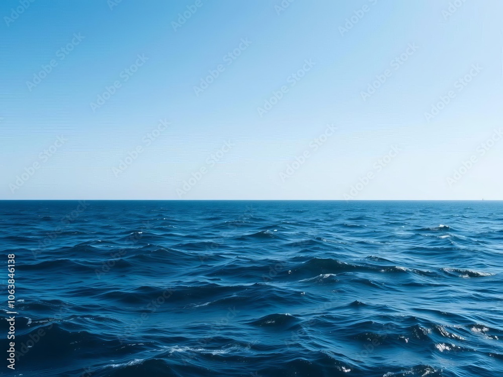 Fototapeta premium A vast expanse of deep blue water stretching to the horizon with gentle waves and a clear sky above, creating a sense of tranquility and freedom, freedom, nature