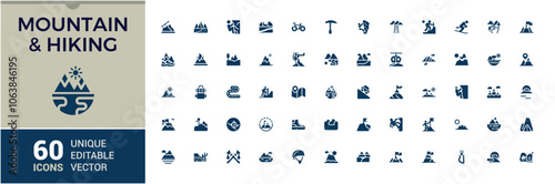 Set of Mountain solid icons. Containing peak, travel, landscape, art, tour, silhouette, concept, mountains. Flat filled style icons. Editable vector icon and illustration.