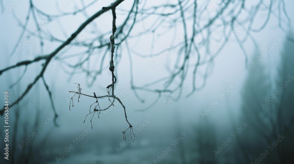 Fototapeta premium Single bare branch against a dense fog backdrop, exuding simplicity and solitude amidst a serene, muted landscape.