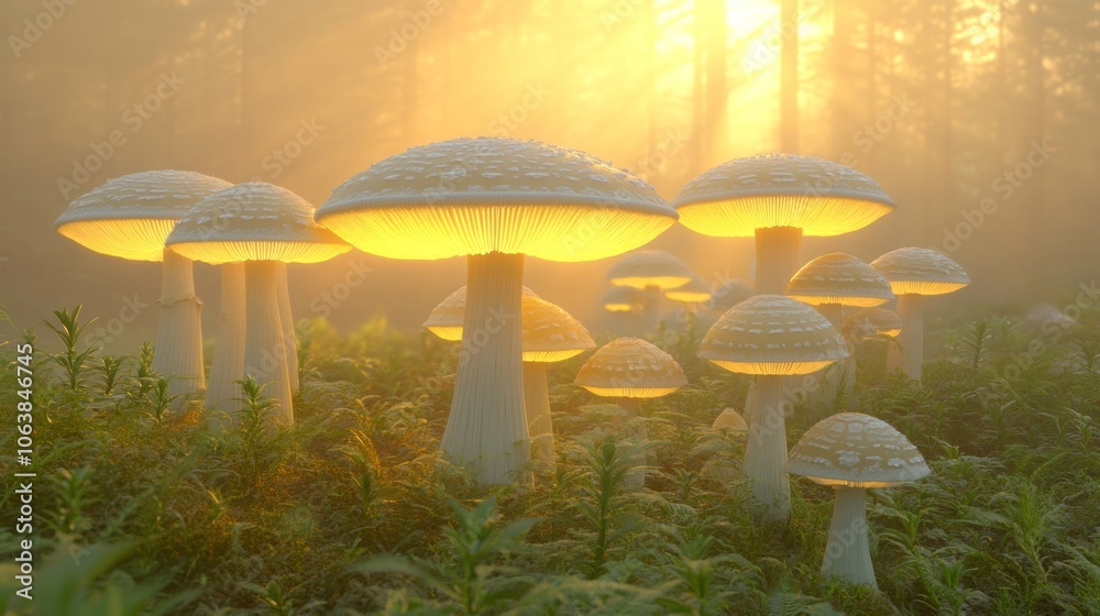 Fototapeta premium Enchanted Forest Mushrooms at Sunrise Magical Fantasy Nature Scene