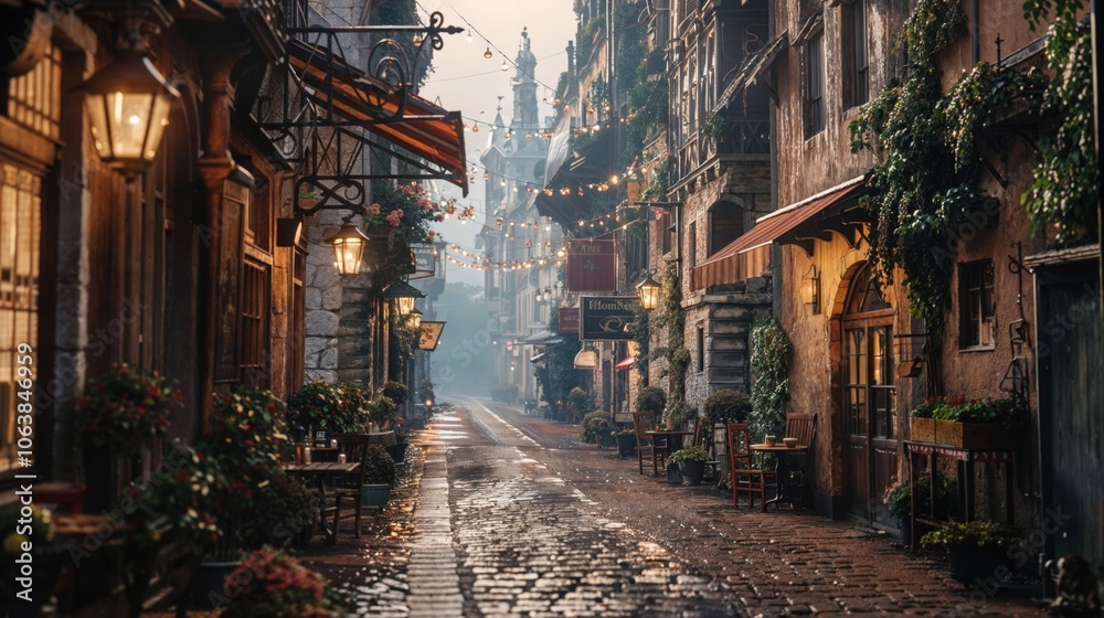 Fototapeta premium The image shows a narrow cobblestone street in a charming, old European town. The street is lined with quaint buildings, outdoor cafes, hanging plants, and glowing street lamps. 
