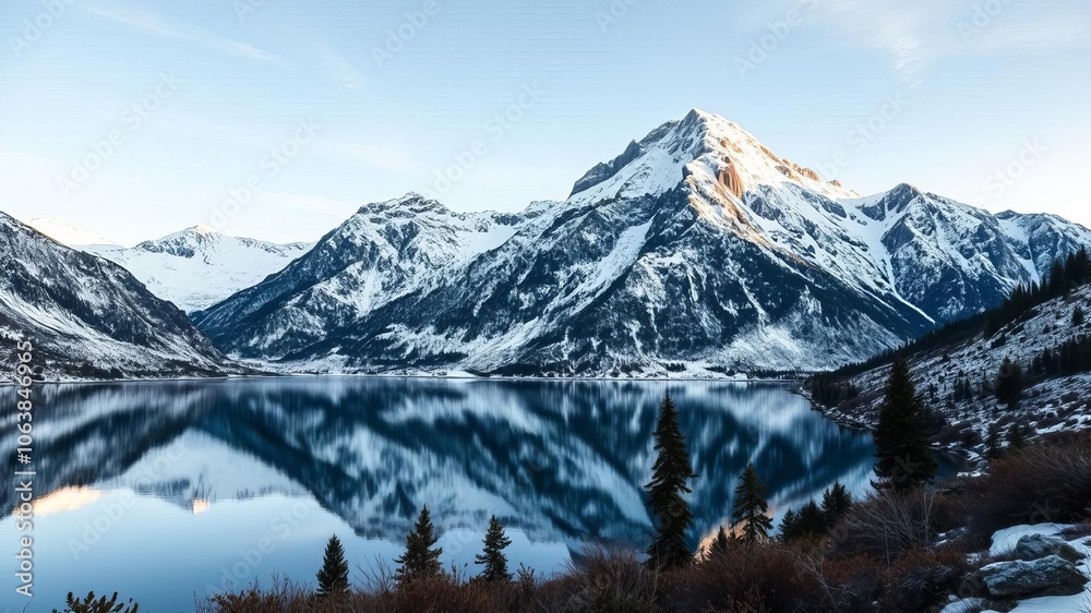 A stunning view of snow-capped mountains reflecting in a crystal-clear lake, lake, nature