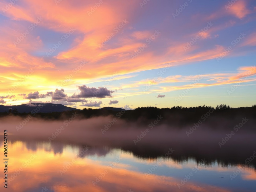 A stunning sunrise over a peaceful lake, with vibrant hues of pink and orange reflecting on the water's surface, lake, landscape A stunning sunrise over a peaceful lake, with vibrant hues of pink and orange reflecting on the water's surface, lake, landscape