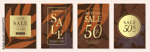 Autumn Gold sale backgrounds templates, posters, banners, flyers. Set of elegant vertical autumn posters with leaves in brown tones. Template for advertising, web, social networks, sales, offers.