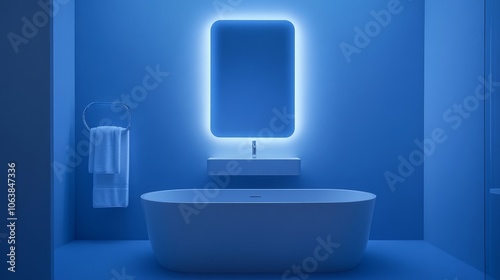 A modern bathroom with blue ambient lighting and a freestanding tub, creating a serene and sophisticated atmosphere. The minimalist design features a sleek mirror with integrated lighting, a towel rac photo