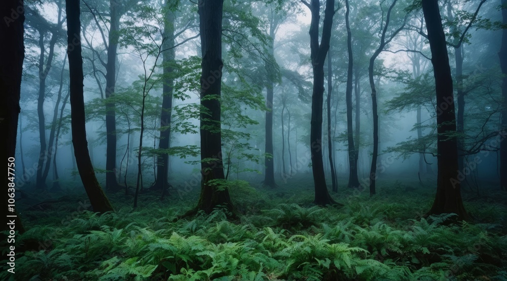 Obraz premium A mystical autumn forest shrouded in morning fog