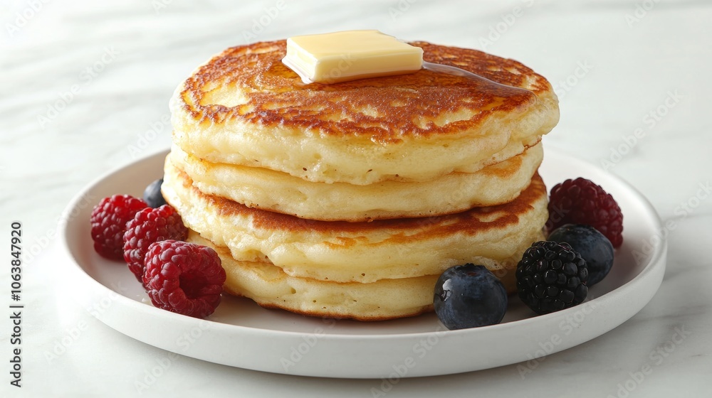 Delicious Buttery Pancakes with Berries on a White Plate Delicious Buttery Pancakes with Berries on a White Plate
