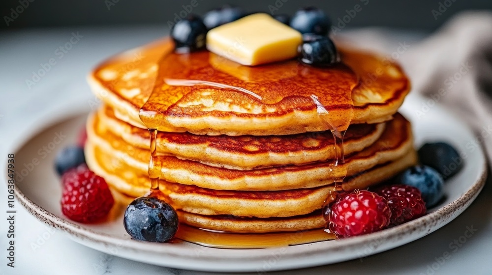 Delicious Pancake Stack with Maple Syrup  Butter  Blueberries and Raspberries