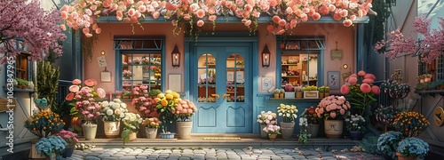 Charming Flower Shop with Hanging Blooms and Cobblestone Street