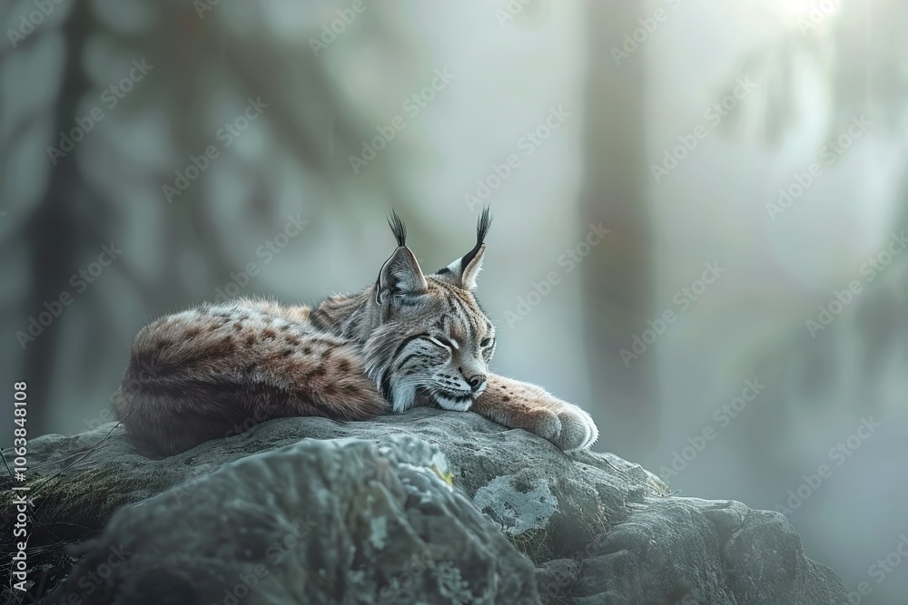 Obraz premium Lynx sitting on a fallen log, realistic forest details, light gray background