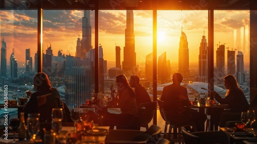 The image captures a high-end restaurant or lounge with large windows overlooking a modern city skyline at sunset. The golden light reflects off the skyscrapers, creating a warm