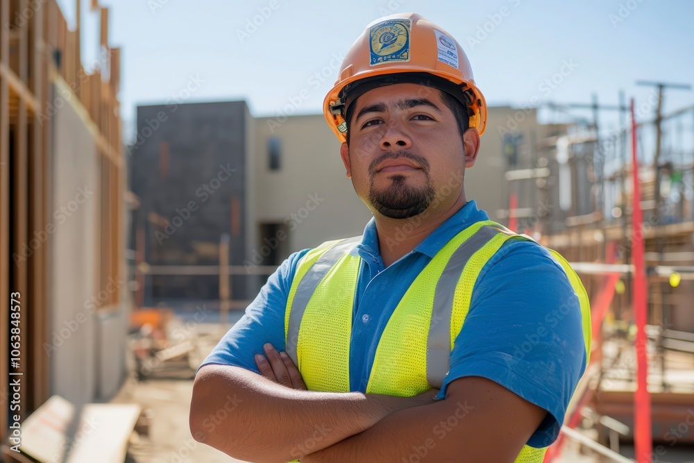 confident worker at construction site with arms crossed