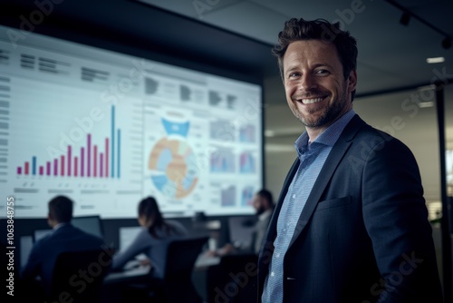 businessman smiling with presentation screen in background