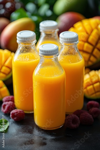 Four bottles of fresh mango juice with whole mangoes and raspberries, creating a colorful display