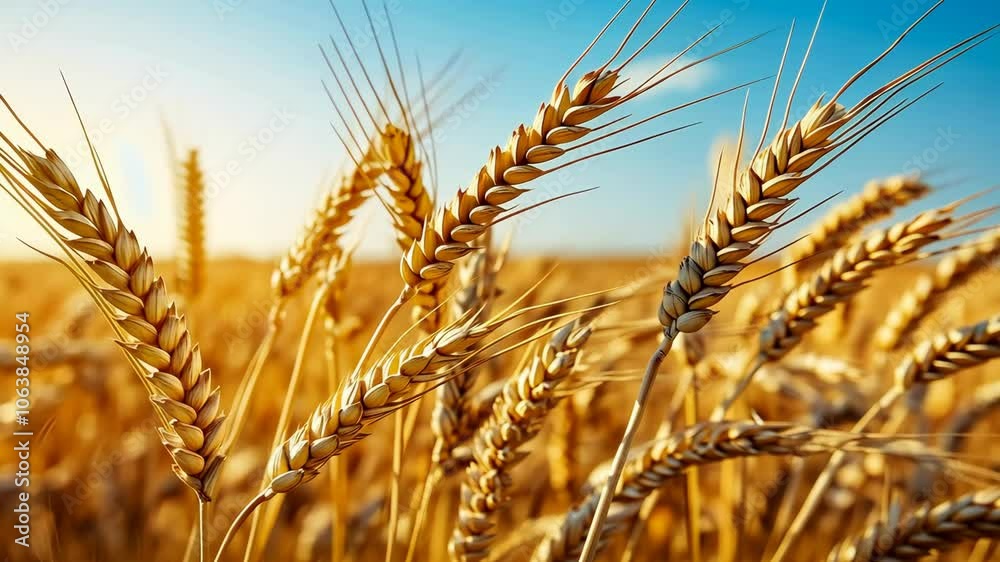 Golden Wheat Field Swaying in the Breeze Under a Clear Blue Sky Golden Wheat Field Swaying in the Breeze Under a Clear Blue Sky