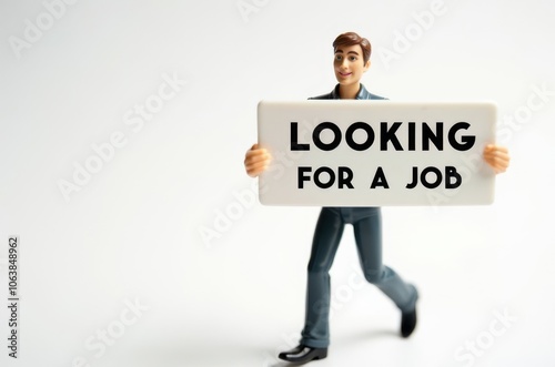 toy man holding a sign with the text (I'm looking for a job)