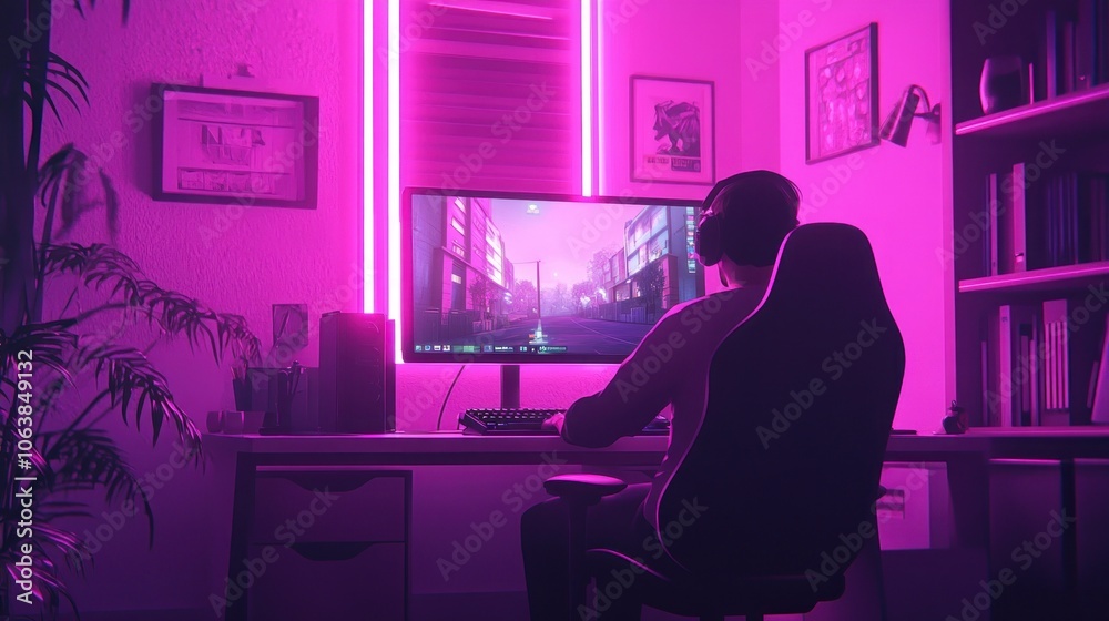 A gamer sits in a pink-lit room, playing a video game on his computer. A gamer sits in a pink-lit room, playing a video game on his computer.