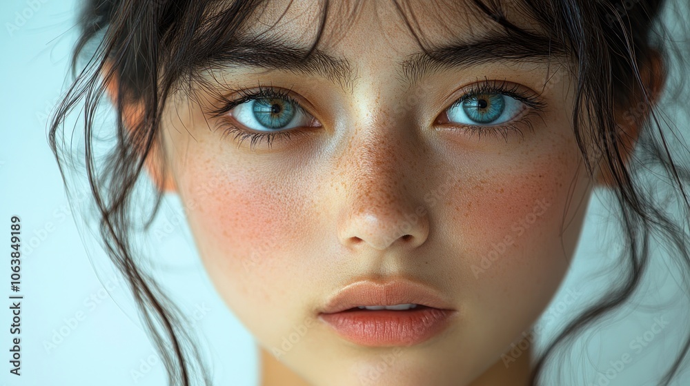 Fototapeta premium A close-up of a young woman showcasing her mesmerizing blue eyes and soft features
