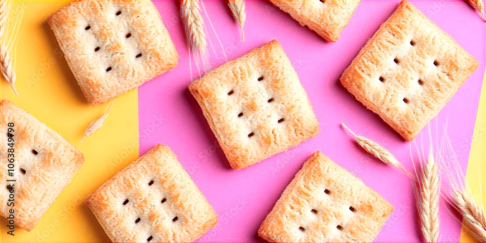 Array of Light Brown Crackers on Pink Background Array of Light Brown Crackers on Pink Background
