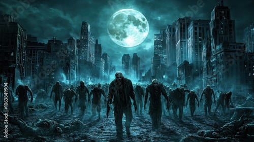 A horde of zombies walks through an abandoned city at night under a full moon. photo