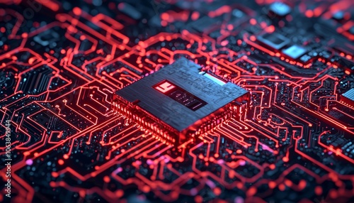 Close up of a modern microchip with red circuitry on a dark background. photo