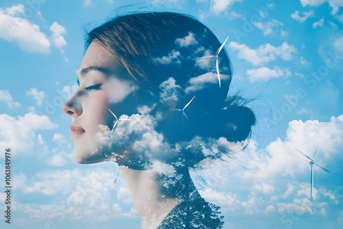 Dreamy Portrait with Clouds and Wind Turbines