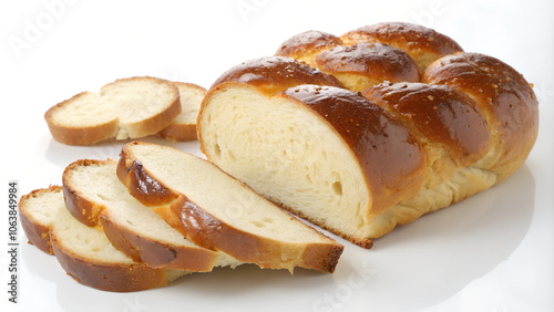 A close-up view of freshly sliced challah bread revealing its soft and fluffy interior on a clean white background. Generative AI