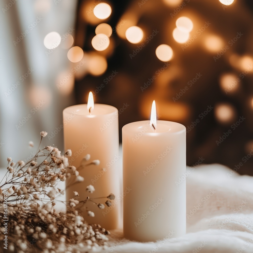 White Candles with Flowers on a Bright Background White Candles with Flowers on a Bright Background