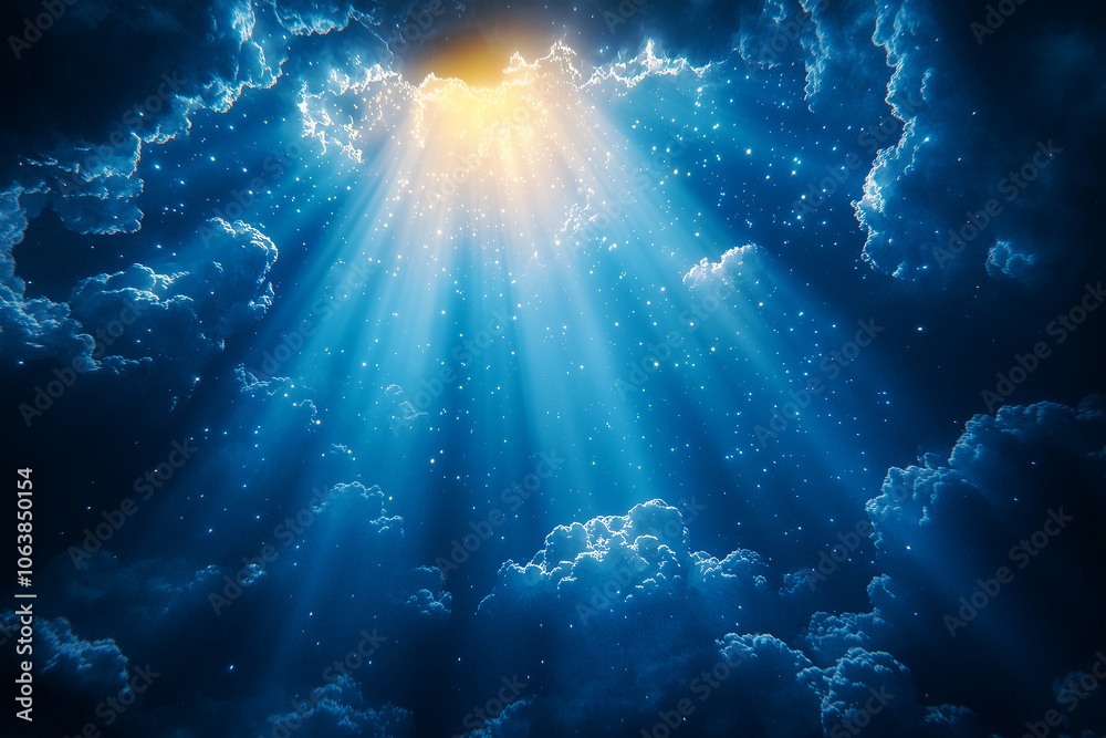 Fototapeta premium White Spotlight shining through clouds in a blue sky, with a magical, dramatic, and enchanted glow, for overlay and screen filter 