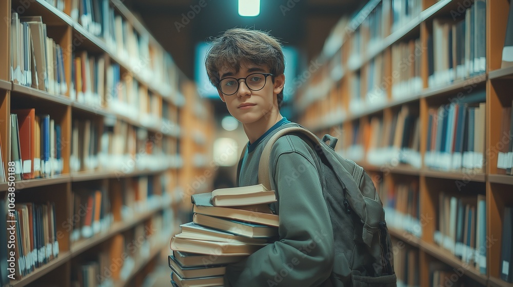 Teenage boy with backpack and stack of books in library between stacks of books literature Teenage boy with backpack and stack of books in library between stacks of books literature