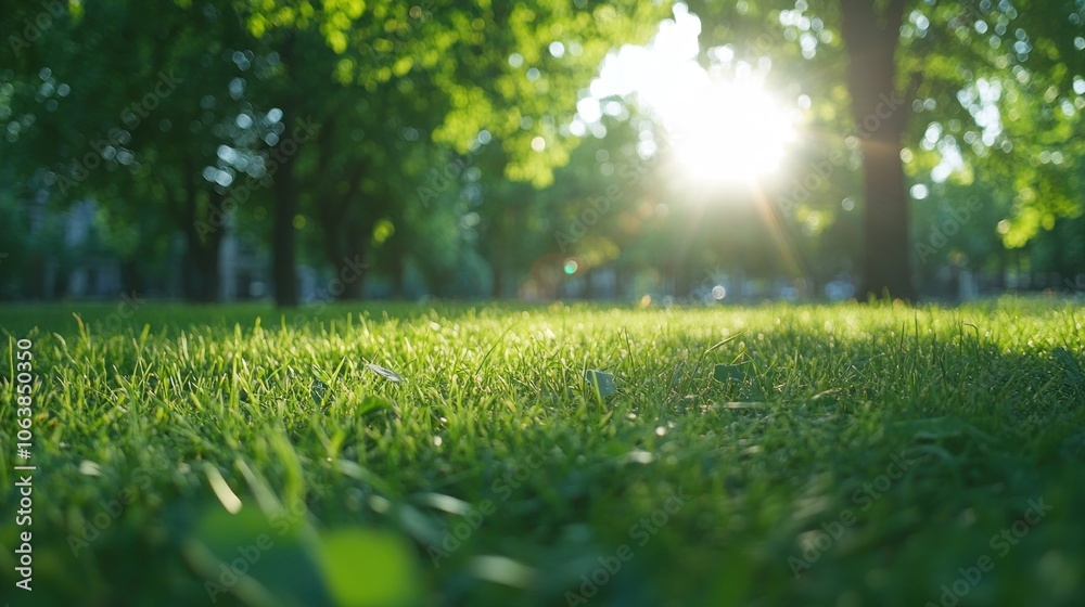 Closeup of lush green grass with sunlight shining through trees in the background. Closeup of lush green grass with sunlight shining through trees in the background.