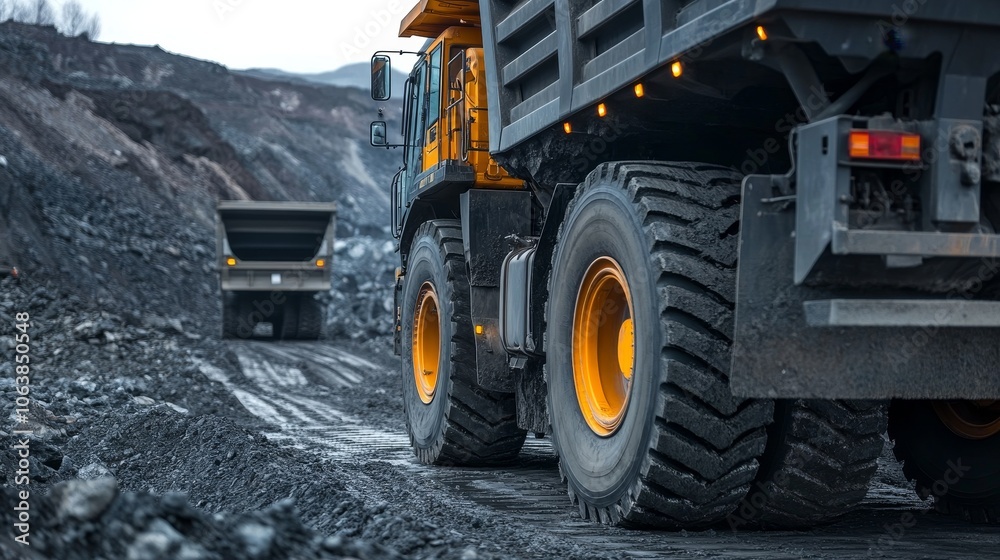 Obraz premium Oversized mining dump truck on a coal haul road, showcasing its powerful size and heavy-duty construction. The truck is driving on a dirt road, hauling a large load of coal. Its massive tires and pow
