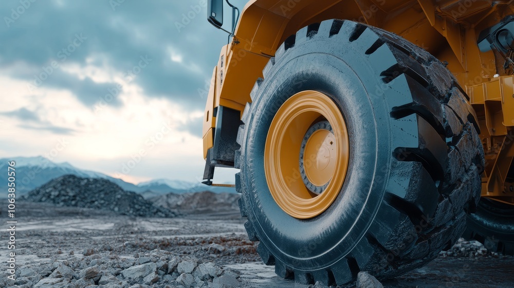 Oversized Machinery Tire in a Quarry Setting, symbolizing power, strength, construction, industry, and transportation. Oversized Machinery Tire in a Quarry Setting, symbolizing power, strength, construction, industry, and transportation.