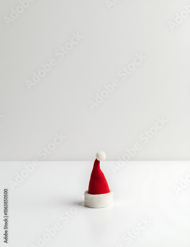 A small Christmas hat sits alone on a plain white surface in an otherwise empty environment photo