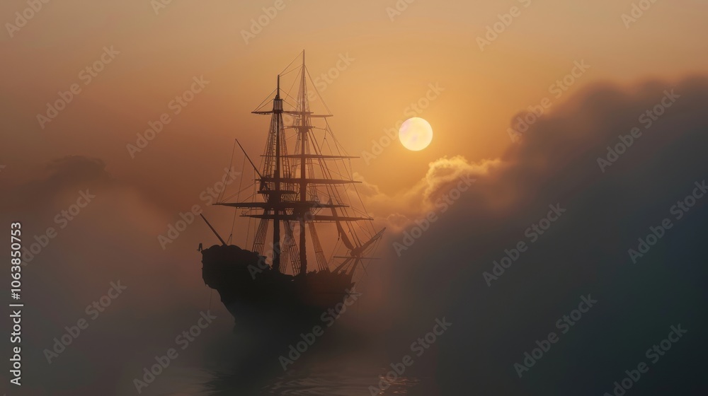 A ghostly ship sails through thick fog on a mysterious sea, the setting sun casting an eerie glow on the masts. A ghostly ship sails through thick fog on a mysterious sea, the setting sun casting an eerie glow on the masts.