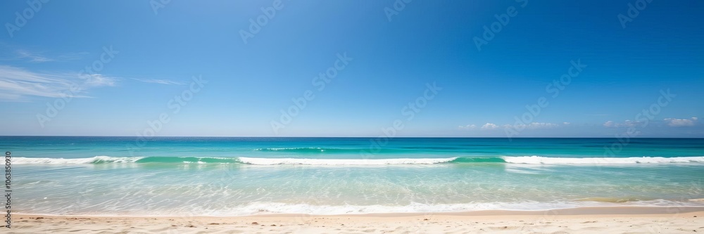 A serene tropical beach with crystal clear blue waters and white sandy shores under a clear blue sky, peaceful, scenic A serene tropical beach with crystal clear blue waters and white sandy shores under a clear blue sky, peaceful, scenic