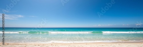 A serene tropical beach with crystal clear blue waters and white sandy shores under a clear blue sky, peaceful, scenic